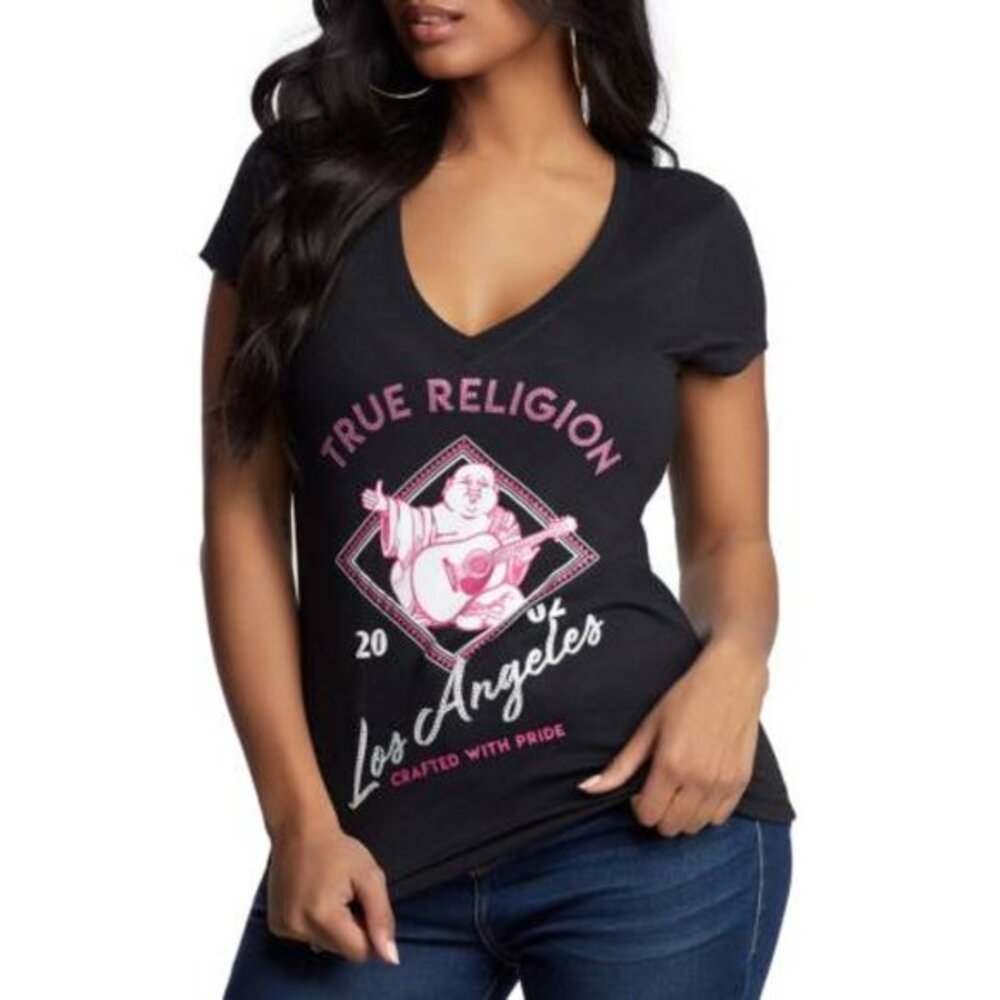 True Religion Buddha World Tour 2002 Los Angeles Black V-neck Tee Size Large